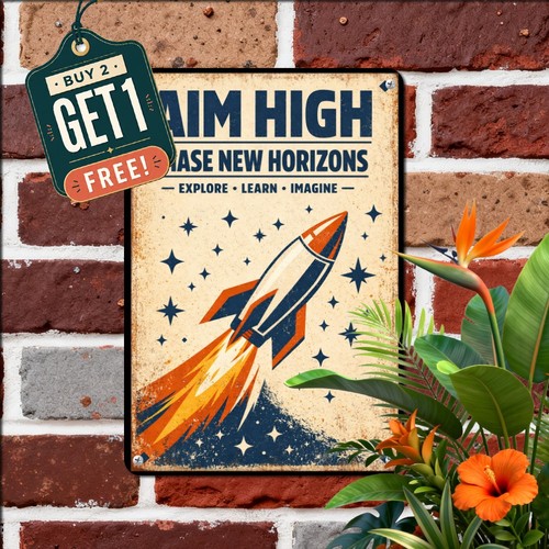 Retro space rocket launch tin - space,
