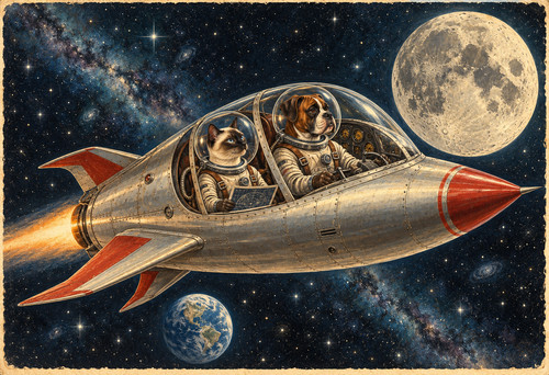Cat dog astronauts - cat, retro