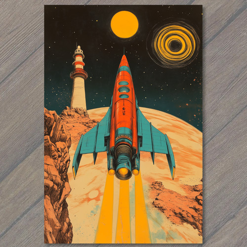 Art card retro rocket launch - card,